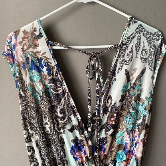 Adrienne sz S teal white deep plunge jumpsuit - Picture 9 of 11